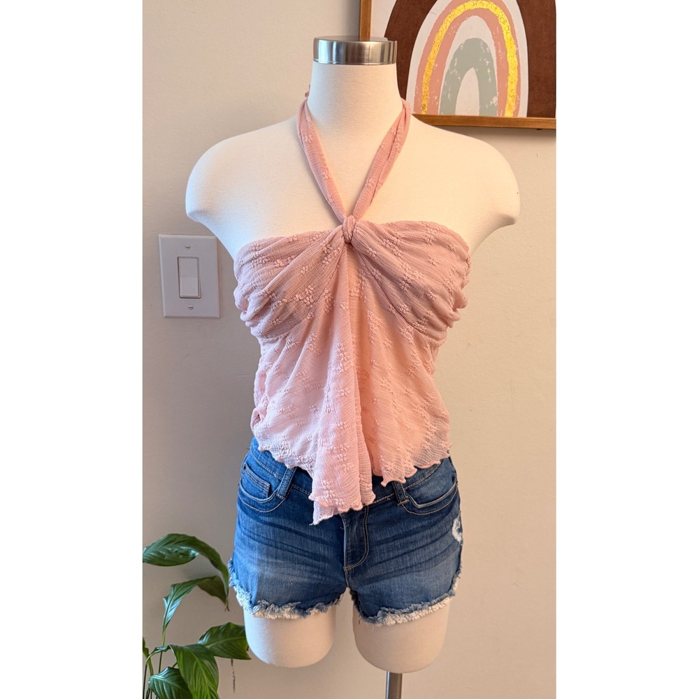 Cider Halter Neck Top Womens Size M Light Pink Pointelle Floral Handkerchief Hem